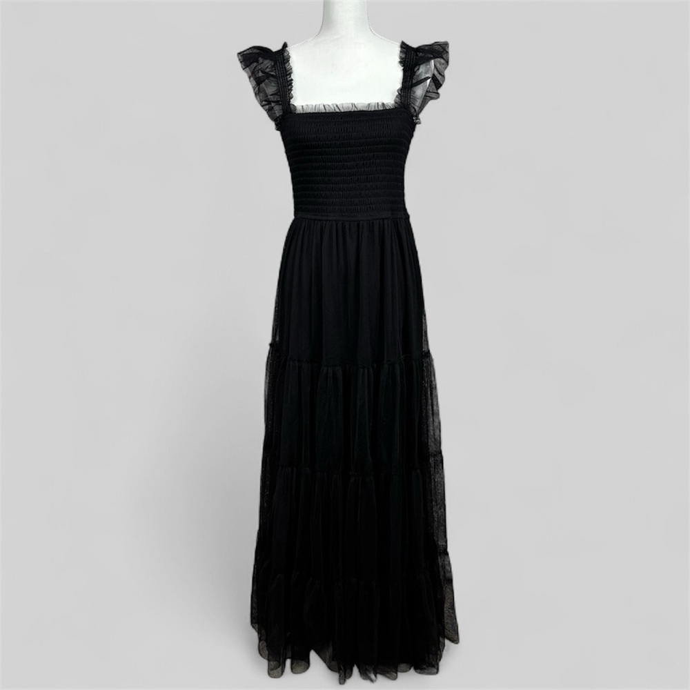Francescas Audrey Parks Dress Womens L Black Smocked Tiered Tulle Maxi Ruffle